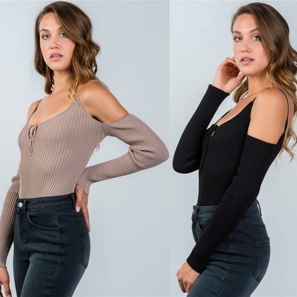 Audra Ribbed Cold Shoulder Bodysuit (Black) - Picture 8 of 8